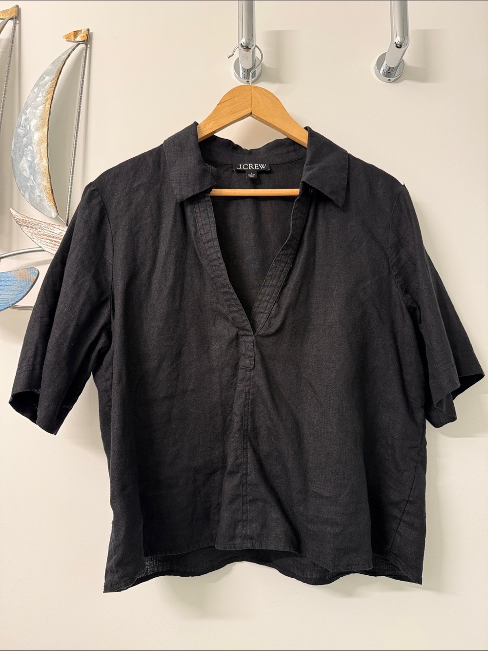 J. Crew Black Linen Short-Sleeve Collared Shirt